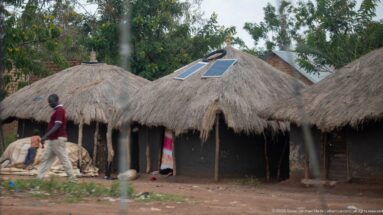 Round dark-walled dwellings with conical thatched roofs, two fitted with solar panels, beneath leafy trees.