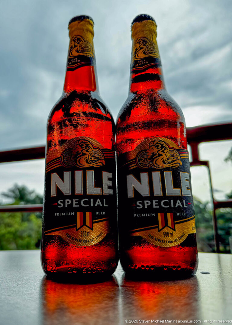 Two 500 ml Nile Special beer bottles standing side by side on a table with an outdoor background.