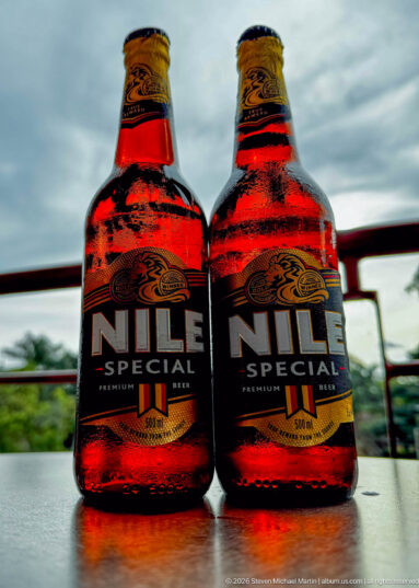 Two 500 ml Nile Special beer bottles standing side by side on a table with an outdoor background.