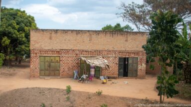 Unfinished brick roadside shop with metal doors, a small awning, household goods, trees, and bare-earth frontage.