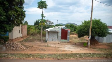 Small corrugated-metal kiosk with a pitched roof on a cleared dirt plot between homes, vegetation, and a pile of stones.