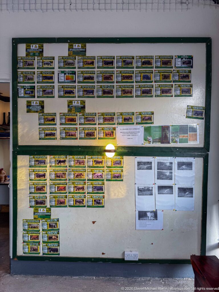 Large two-panel wall covered with rhinoceros profile cards, printed notices, and visitor-center information.