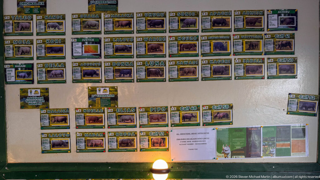 Wide wall display filled with dozens of rhinoceros identification cards, notices, and visitor information.