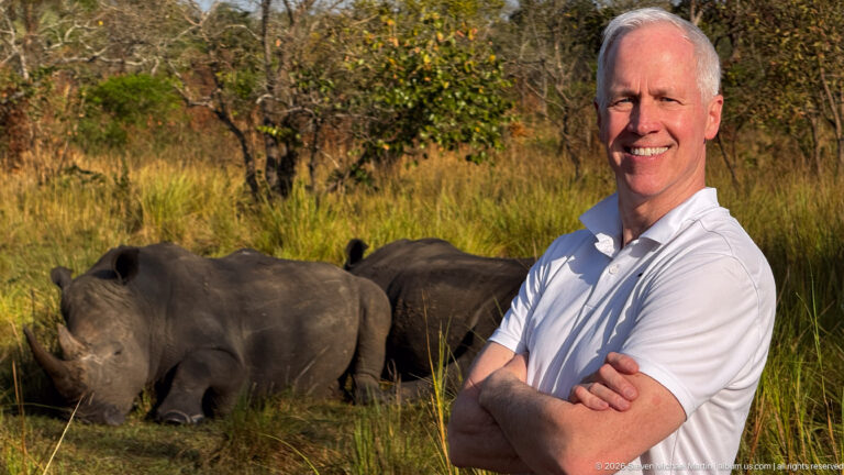 Smiling man in a white polo at right with two white rhinoceroses resting in golden grass behind him.