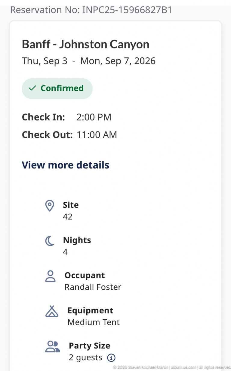 Reservation screen shows a confirmed Johnston Canyon campsite, site number, four nights, and medium tent equipment.