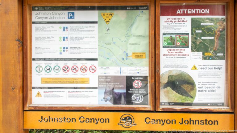 Johnston Canyon entrance board displays a map, wildlife guidance, and a prominent safety notice.