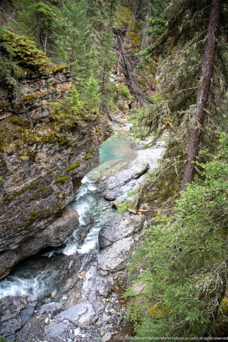 Creek bends from a quiet pool over flat rock shelves beneath a shaded forest bank.