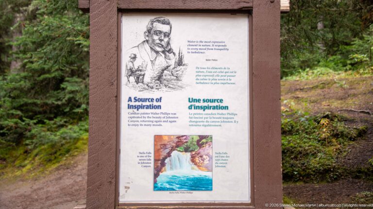 Interpretive panel with an artist’s portrait, waterfall painting, and bilingual text titled “A Source of Inspiration.”