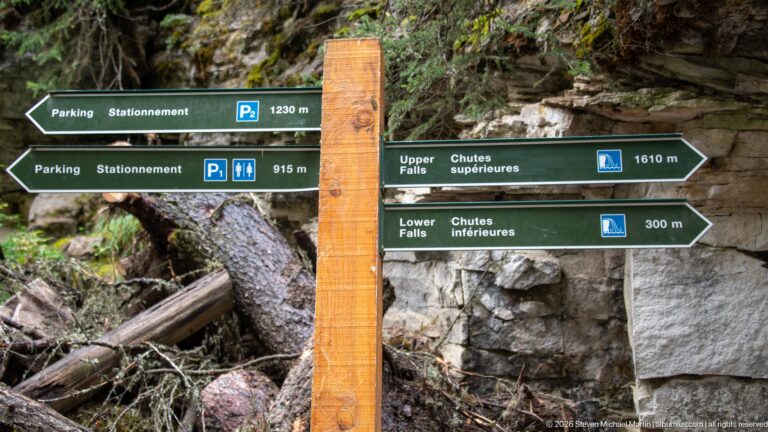 Green directional arrows mark parking and facilities, Lower Falls at 300 metres, and Upper Falls at 1,610 metres.