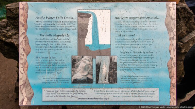 Interpretive sign explains waterfall retreat and the effects of water and ice on canyon rock.