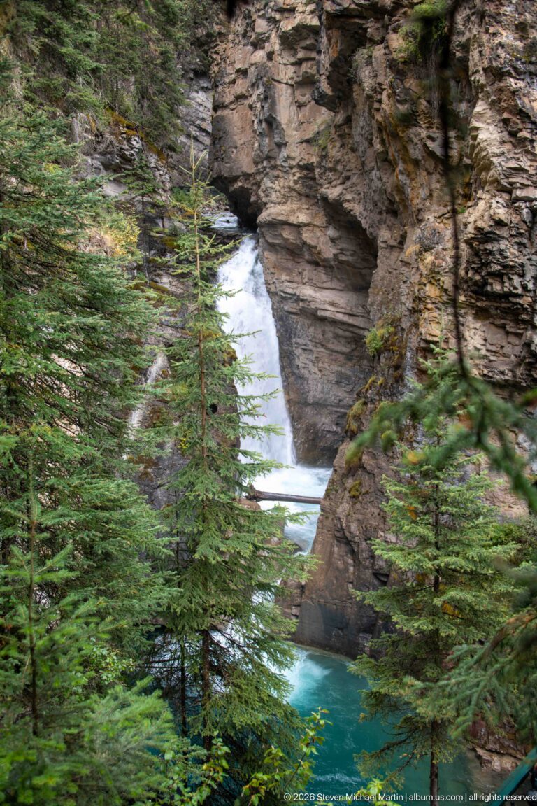 Waterfall and blue-green pool seen through conifer branches, with a footbridge crossing the creek.
