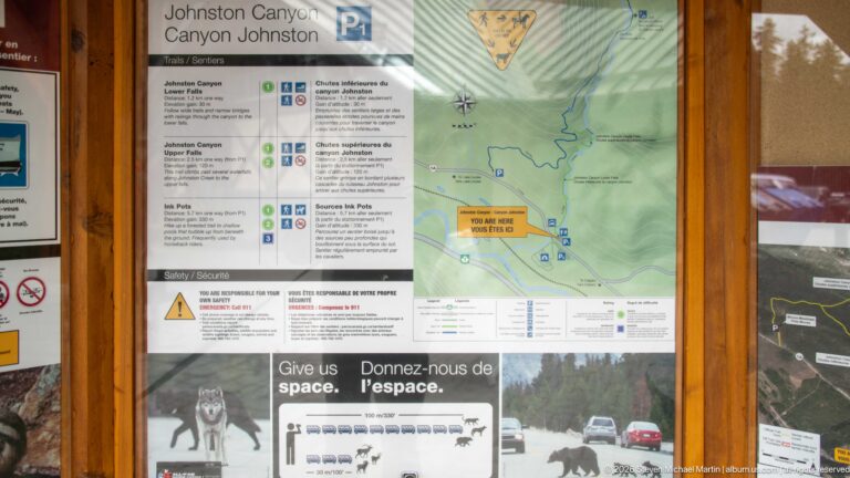 Johnston Canyon visitor board displaying a trail map, route notices, and wildlife-safety guidance.