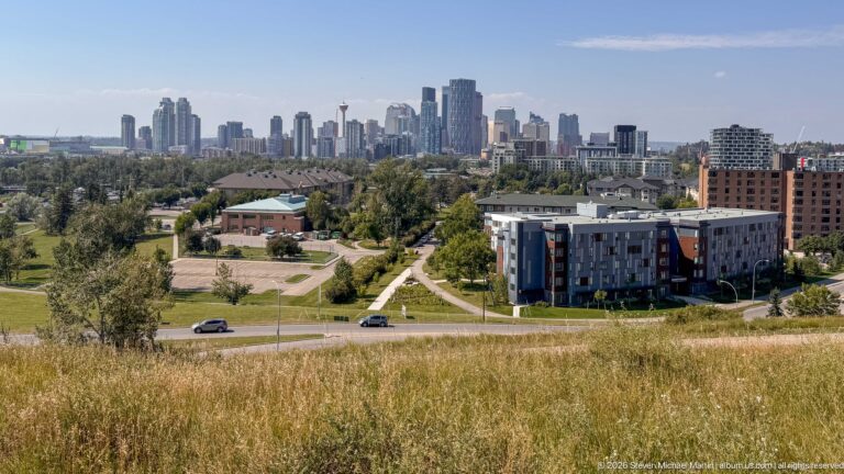 Wide Calgary skyline view across tall grass, roads, parkland, apartment buildings, and low neighborhoods toward downtown towers.