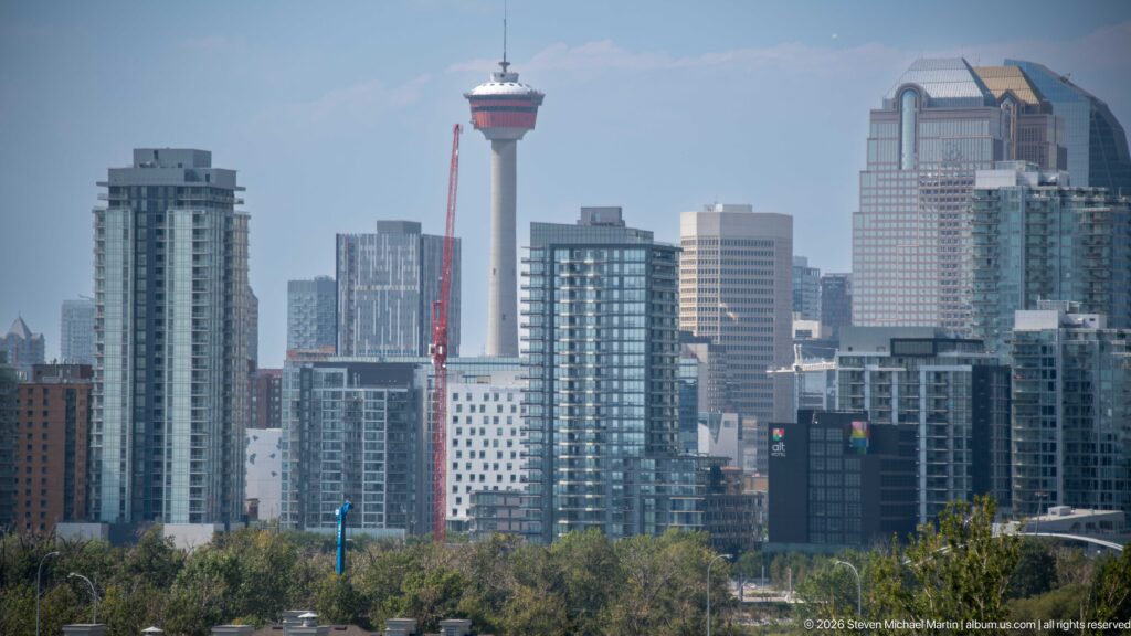 Calgary Tower rising among dense downtown high-rises beyond a foreground band of trees.
