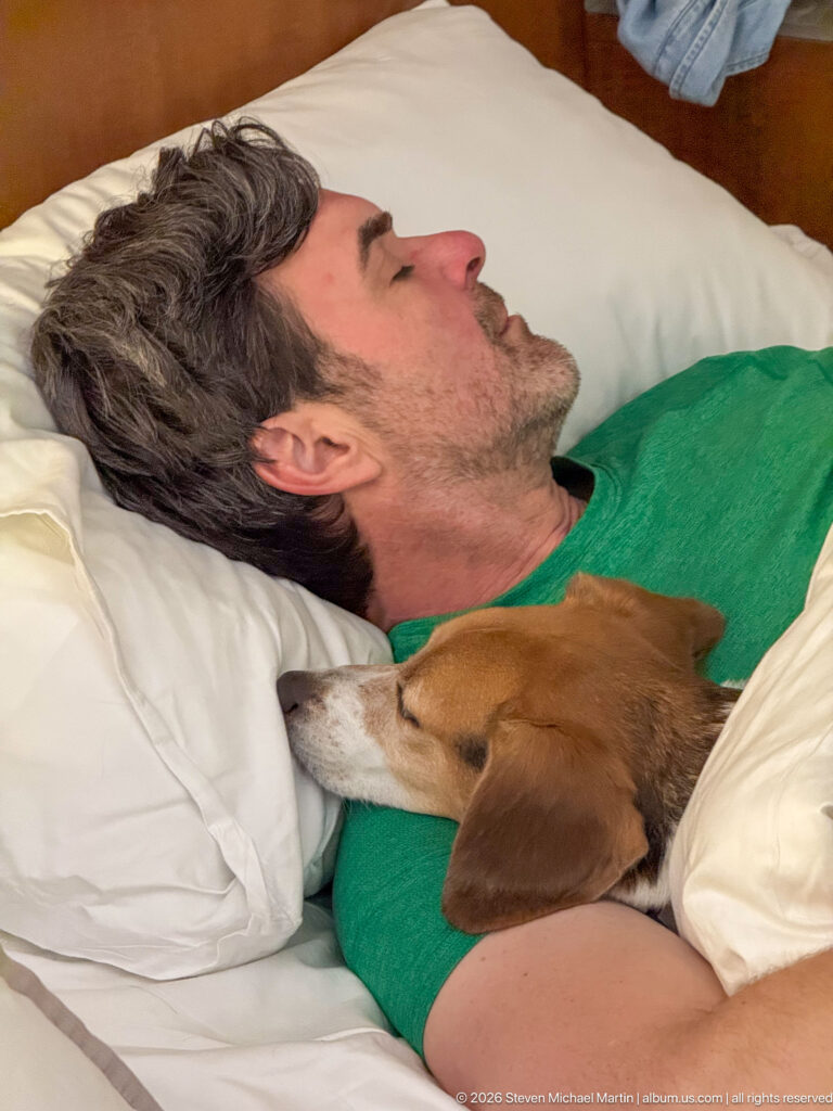 Sleeping man in a green shirt with a beagle resting its head against his shoulder on white bedding.