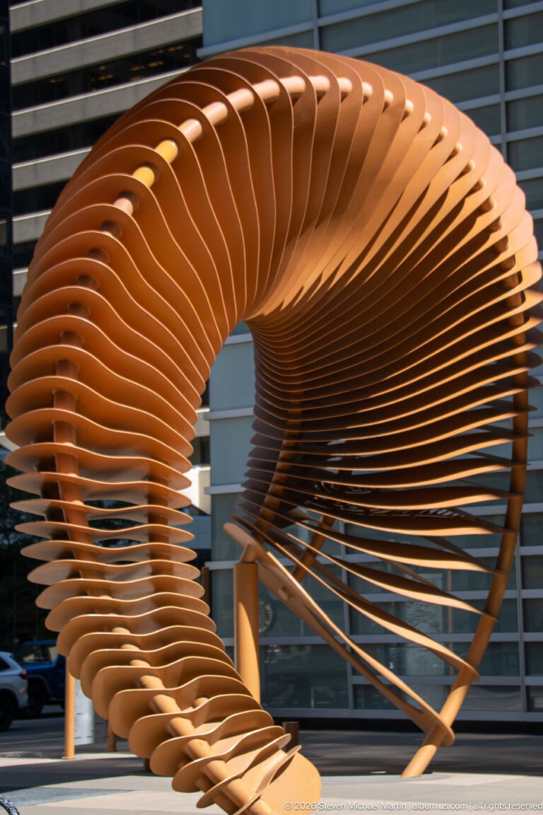 Looping outdoor sculpture formed from many curved wooden ribs, with a hollow opening and twisting waist.