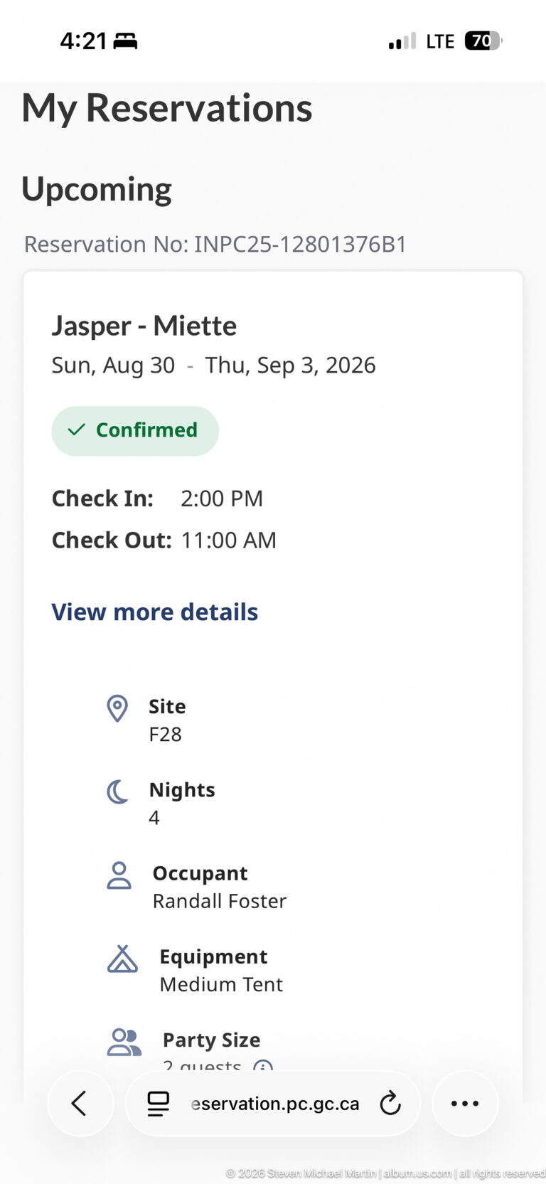 Phone screen showing a confirmed Jasper - Miette campsite reservation with dates, site details, equipment type, and party size.