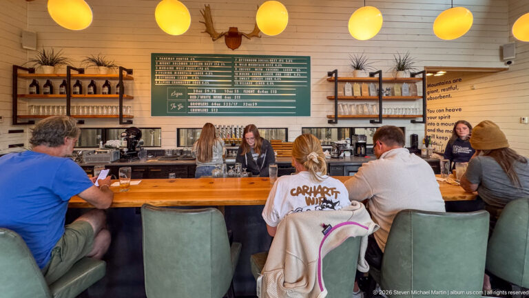 Patrons seated at a long wood bar beneath round pendant lights, with menu board, bottles, taps, and staff behind.