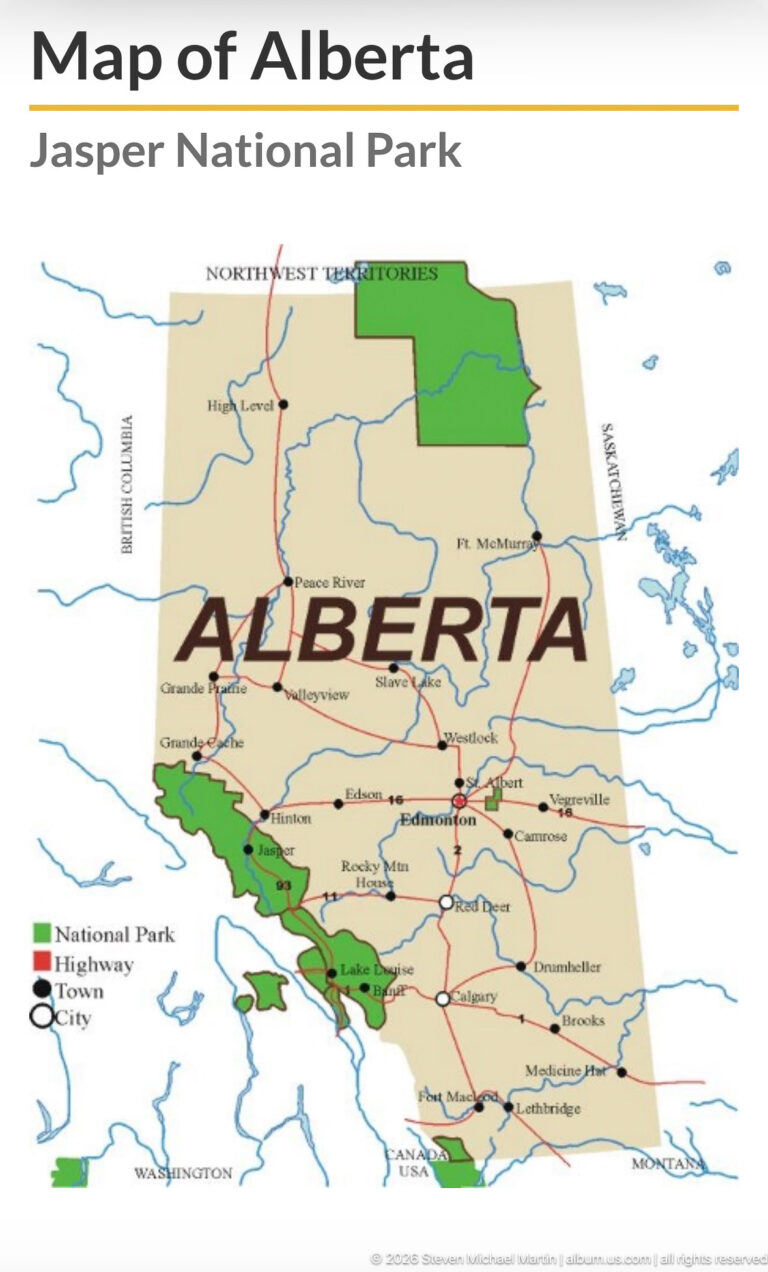 Printed map of Alberta with national parks shaded green, highways in red, rivers in blue, and ALBERTA centered across the province.
