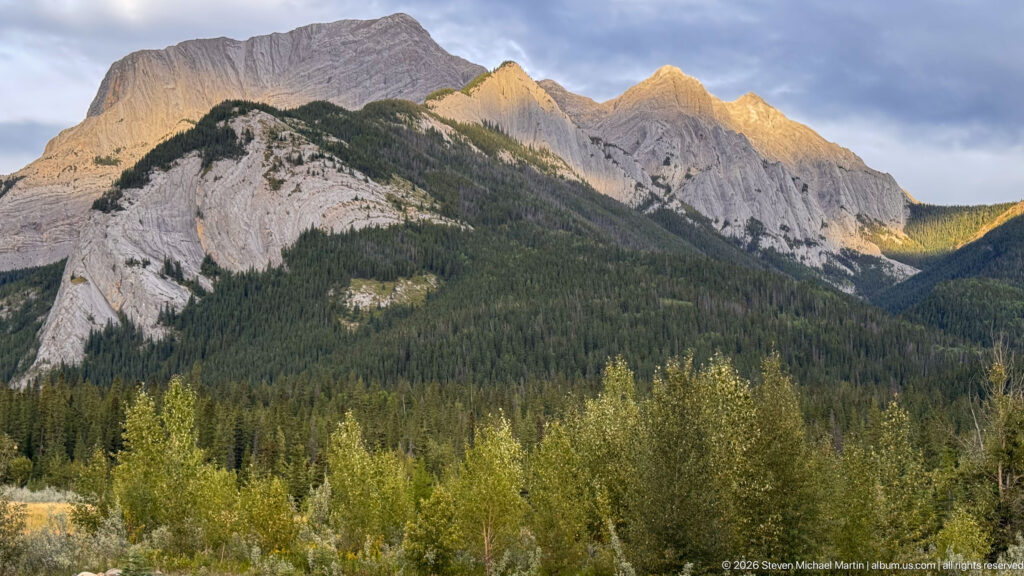 Jagged gray sedimentary peaks glowing in low sunlight above dark conifer forest and pale rocky lower slopes.