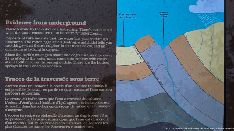 Bilingual groundwater panel with colored rock cross-section and blue flow lines tracing water beneath the Miette landscape.