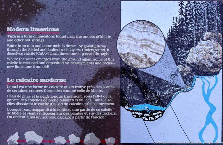 Bilingual Modern limestone interpretive panel with text, a rock detail, forest scene, and groundwater illustration.