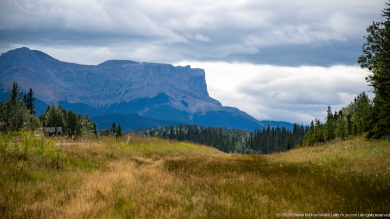 Broad flat-topped gray mountain beyond golden-green grassland and scattered trees beneath cloudy sky.