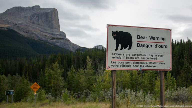 Bilingual Bear Warning sign beside the road with a massive gray mountain cliff and conifer forest behind.
