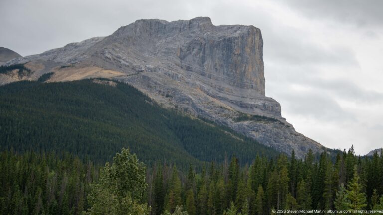 Massive gray sedimentary mountain with a near-vertical cliff rising above dense conifer forest.