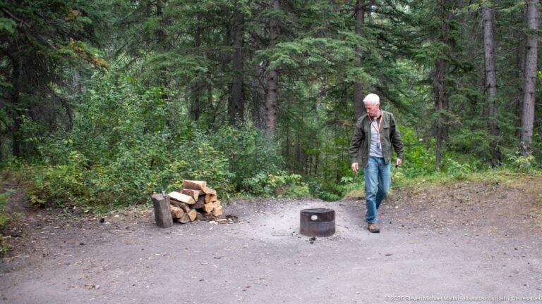 Metal fire ring beside stacked split firewood and a chopping block at a forest campsite, with a person nearby.