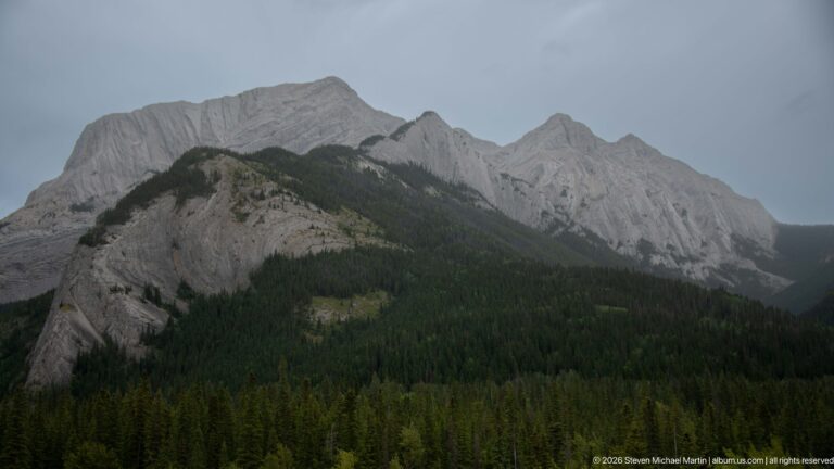 Pale layered mountain ridge with gullies and jagged peaks rising above dense conifer forest.