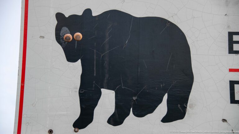 Close view of a black bear silhouette on a weathered warning sign with several circular impact marks.
