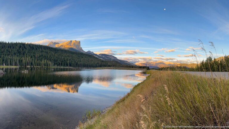 Still lake beside tall shoreline grasses reflecting a forested ridge and distant mountains beneath a small moon.