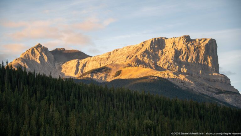 Broad flat-topped sedimentary mountain glowing in evening light above dark conifer forest.