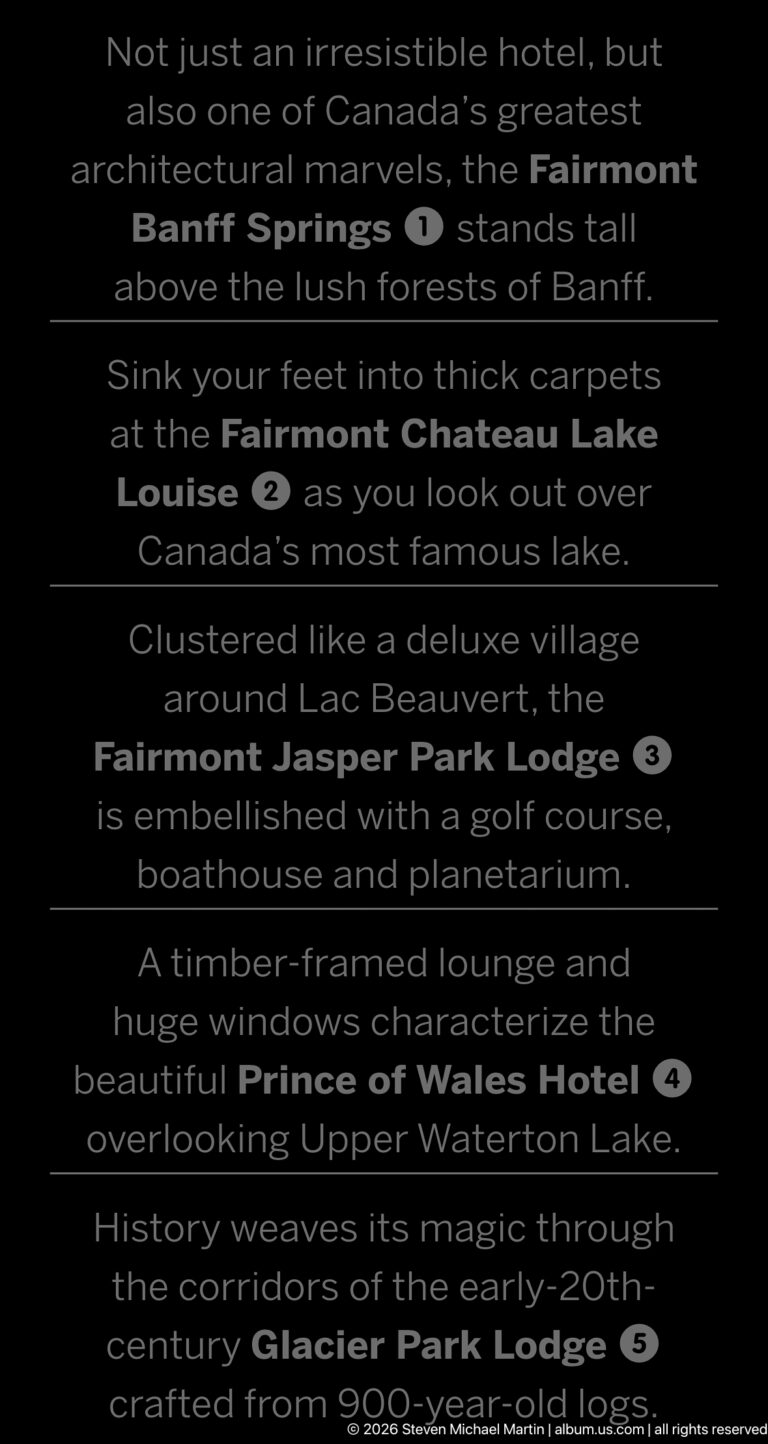 Black promotional text panel with white writing describing Fairmont Jasper Park Lodge and Canadian Rockies destinations.
