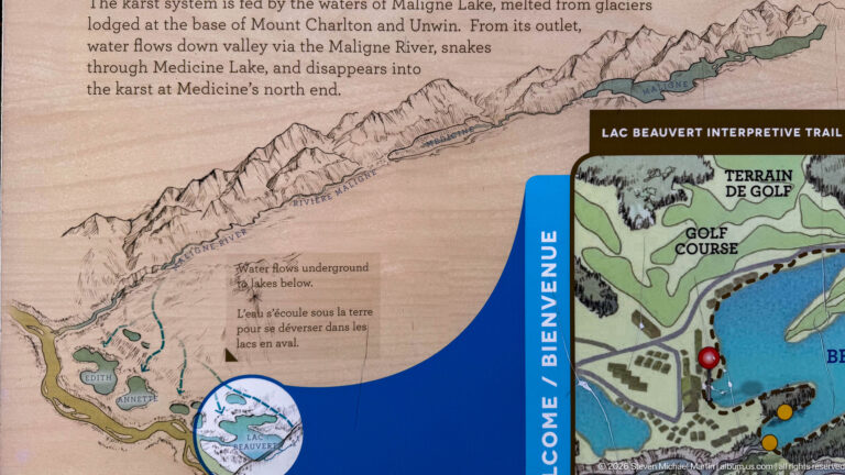 Close detail of bilingual Lac Beauvert interpretive panel with mountain diagram, water-flow arrows, and trail map.