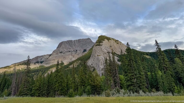 Pale layered rock ridge rising above conifer forest beneath a cloudy sky near Pyramid Lake.