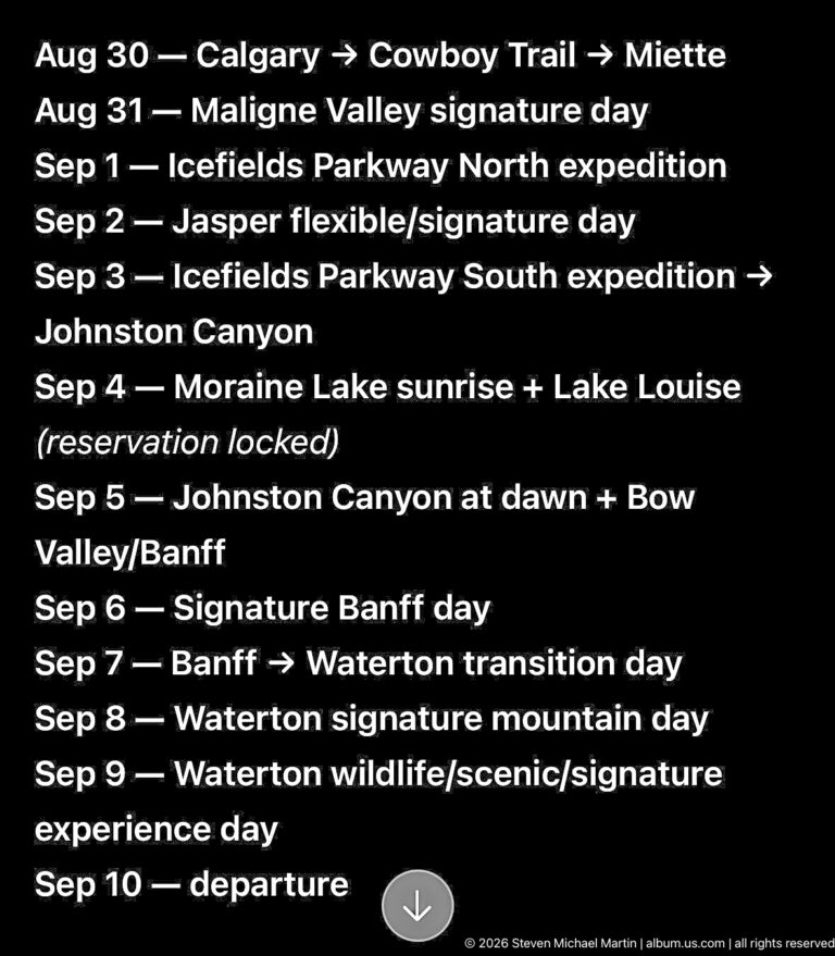 Black screen with white text listing dated September itinerary stops including Jasper, Icefields Parkway, Banff, Waterton, and departure.