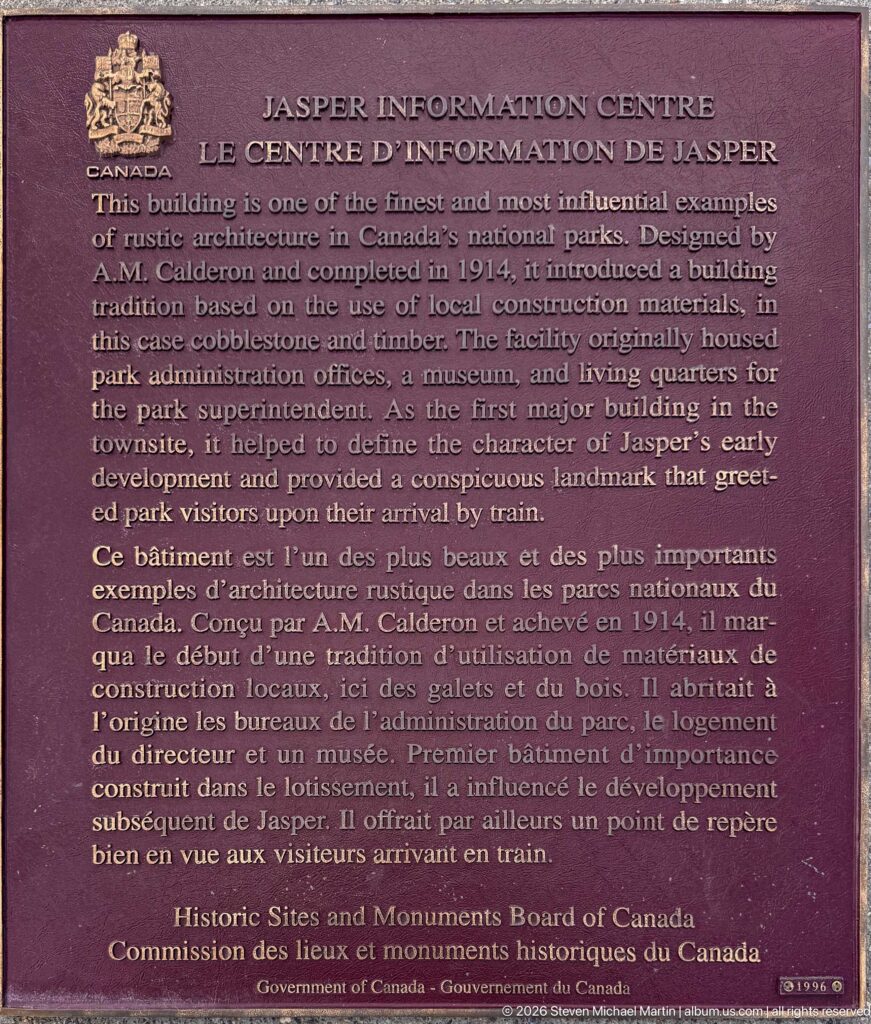 Bronze bilingual Jasper Information Centre plaque with historical text and Historic Sites and Monuments Board of Canada attribution.