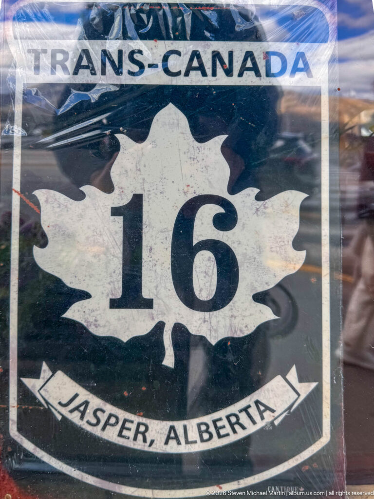Dark green Trans-Canada Highway shield with a white maple leaf, route number 16, and Jasper, Alberta banner.