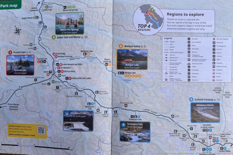Regional Jasper National Park map with numbered areas, inset destination photographs, roads, lakes, and a visitor-symbol legend.