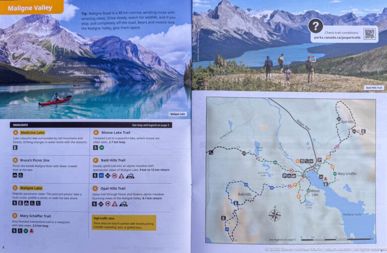 Maligne Valley guide spread with mountain-lake photographs, hikers, trail listings, and a detailed route map.