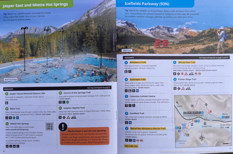 Visitor-guide spread with hot-spring pools, Icefields Parkway scenery, red chairs, trail listings, and a small route map.