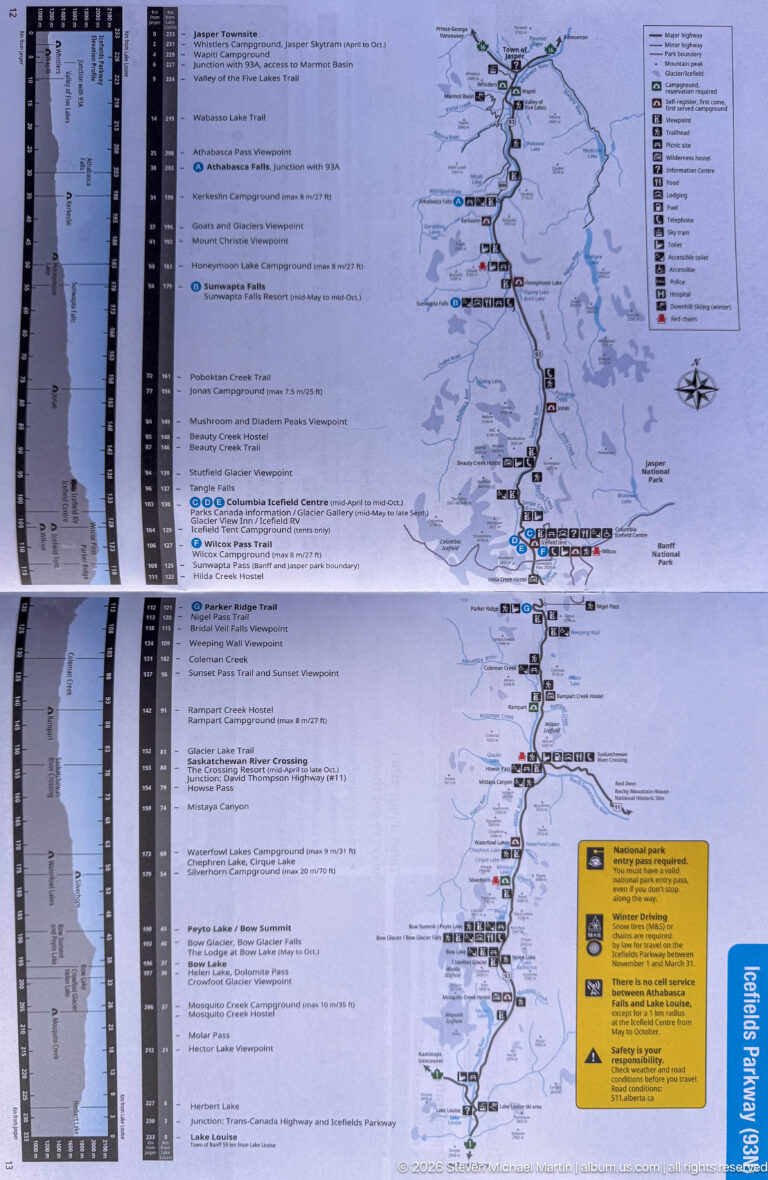 Printed Jasper National Park visitor map with a long north-south route, place symbols, information columns, and a yellow safety box.