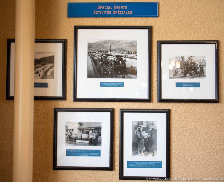 Five framed historic photographs beneath a bilingual Special Events heading on an interior wall at Jasper railway station.