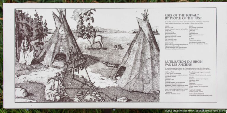 Interpretive panel with tipis, people, bison, camp activities, and text titled Uses of the Buffalo by People of the Past.