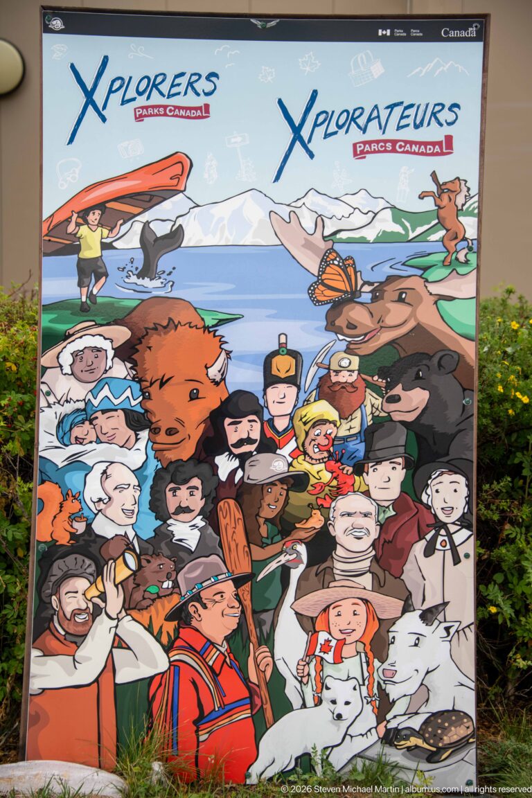 Colorful Parks Canada Xplorers panel filled with cartoon people, wildlife, historic characters, mountains, and outdoor scenes.