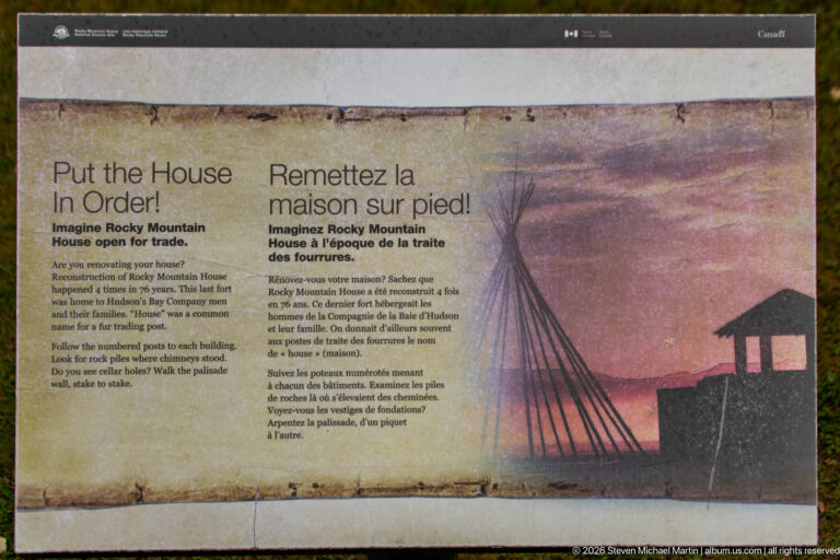 Bilingual “Put the House in Order!” interactive panel with instructions, a tipi silhouette, and trading-post graphic.