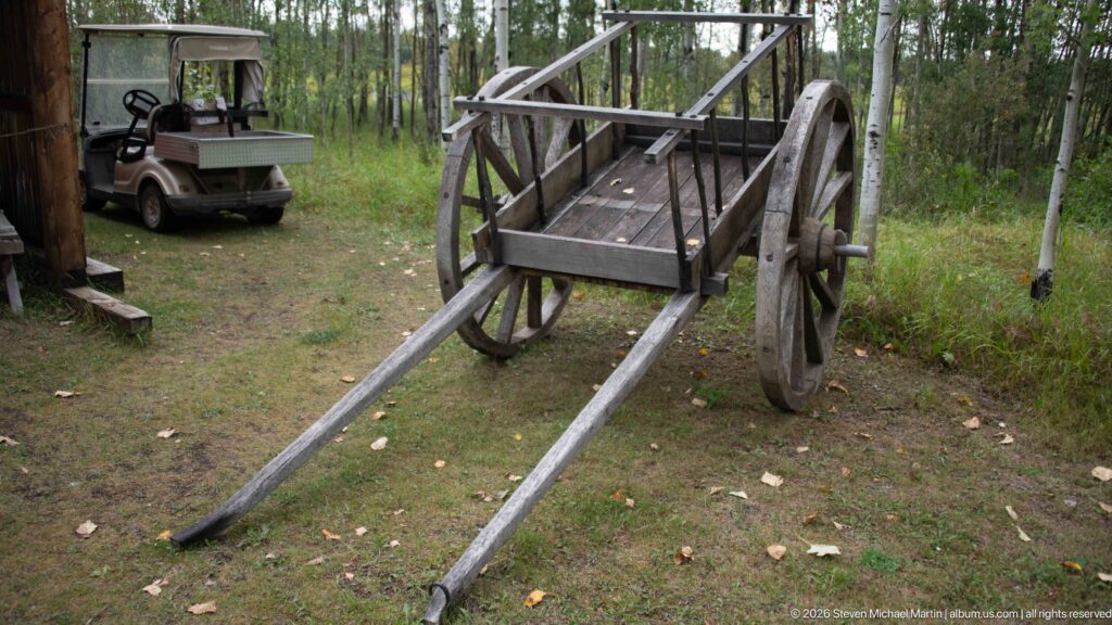 Wooden two-wheeled cart with large spoked wheels, open bed, and long shafts standing among trees.