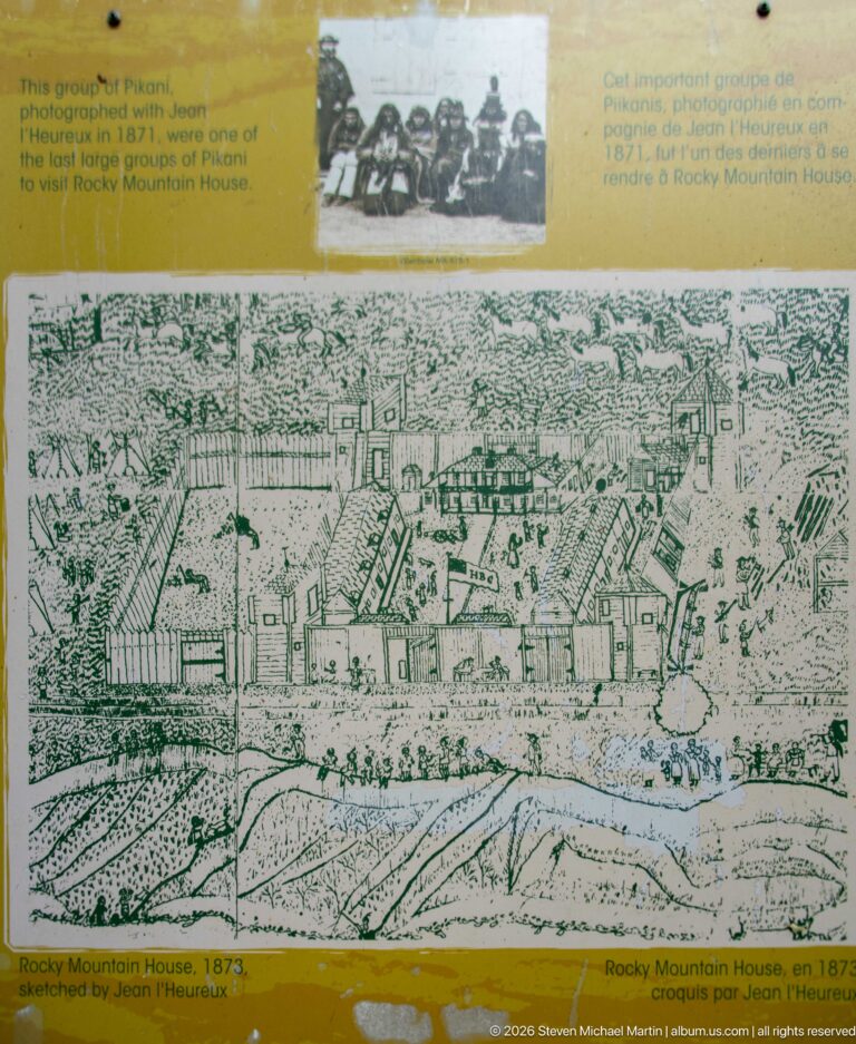 Weathered panel with an elevated historical drawing of Rocky Mountain House in 1875 and a small archival group photograph above.